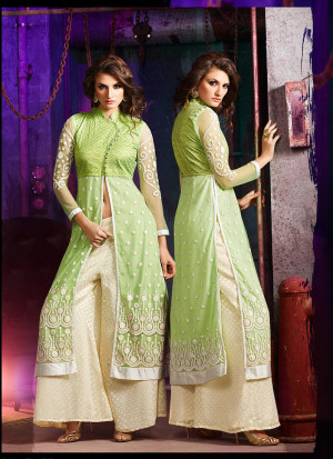 Green Cream7005B Embroidered Wedding Party Wear Silk Plazzo Suit at Zikimo