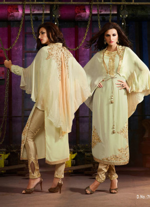 Cream7007 Embroidered Party Wear Georgette Batwing Cape Suit at Zikimo