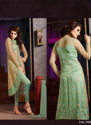 SeaGreen7008A Embroidered Party Wear SilkyNet Suit at Zikimo