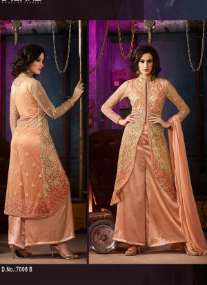 Peach7008B Embroidered Party Wear SilkyNet Suit at Zikimo