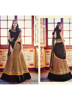 Floral7373 Georgette Black Yellow Flaired Floor Length Anarkali Suit at Zikimo