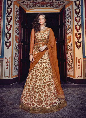 Floral7375 Net Rust Color Flaired Floor Length Anarkali Suit at Zikimo