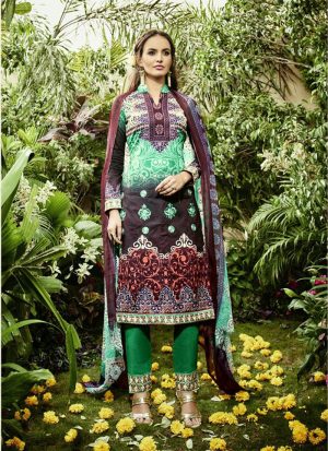 SpringGreen and Multicolor7004 Printed Cambric Cotton Pakistani Indian Suit at Zikimo