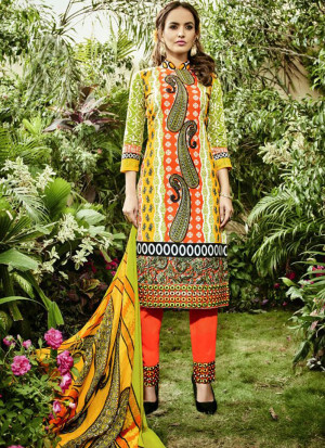Orange Yellow7005 Printed Cambric Cotton Pakistani Indian Suit at Zikimo