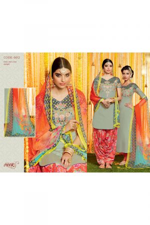 Heer6612 GreyCoral Cotton Satin  Party Wear Printed Punjabi Salwar Kameez at Zikimo