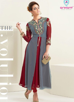 Gray and Maroon8020 Party Wear Georgette Kurti at Zikimo