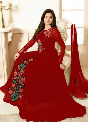 Georgette Net Flaired Red Party Wear Anarkali Suit At Zikimo