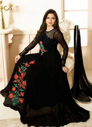 Georgette Net Flaired Black Party Wear Anarkali Suit At Zikimo