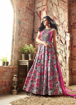 GreyPink FloralPrint3402 Embroidered Banarasi Silk PartyWear Anarkali Suit at ZIkimo