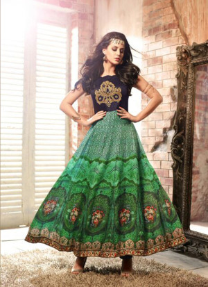 Peacock BlueFloralPrint3403 Embroidered Satin PartyWear Anarkali Suit at ZIkimo