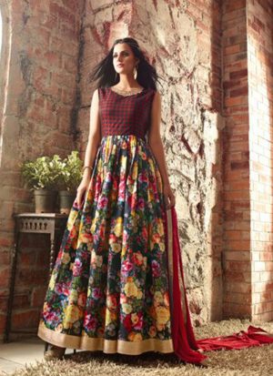 Red Multicolor FloralPrint3405 Banarasi Silk PartyWear Anarkali Suit at ZIkimo