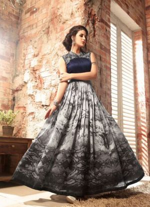 Grey BlueFloralPrint3406 Banarasi Silk PartyWear Anarkali Suit at ZIkimo