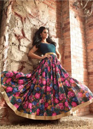 Blue Multicolor Print3408 Banarasi Silk PartyWear Anarkali Suit at ZIkimo