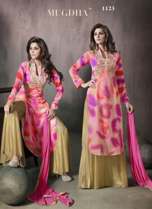 Golden and Multicolor1123 Georgette Lycra Zari Diamond Work Plazo Suit at Zikimo