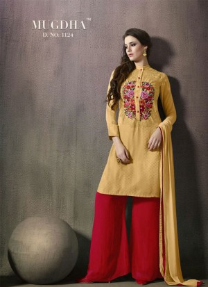 Mustard and Yellow1224 Satin Georgette Zari Diamond Work Plazo Suit at Zikimo