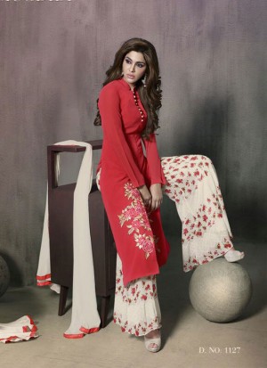 Red and White1227 Georgette Zari Diamond Work Apple Cut Plazo Suit at Zikimo