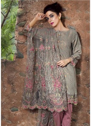 GreyPink7014 Printed Glace Cotton With Embroidered Pakistani Indian Suit at Zikimo