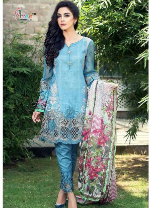 SkyBlue7016 Printed Glace Cotton With Embroidered Pakistani Indian Suit at Zikimo