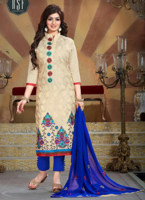 Ivory and NavyBlue9902 Embroidered Cotton Silk Chanderi Straight Suit at Zikimo