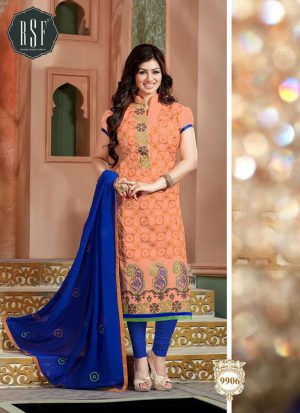 Orange and NavyBlue9906 Embroidered Cotton Silk Chanderi Straight Suit at Zikimo