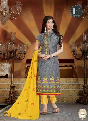 DarkGray and Yellow9909 Embroidered Cotton Silk Chanderi Straight Suit at Zikimo