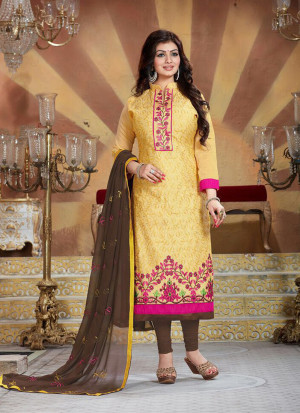 Yellow and Brown9912 Embroidered Cotton Silk Chanderi Straight Suit at Zikimo