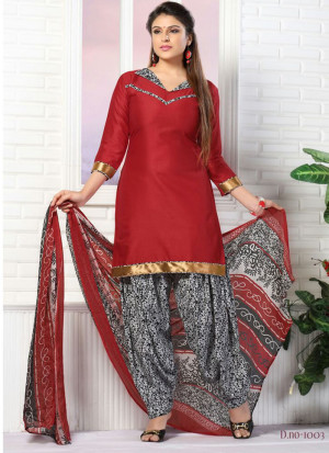 Red and Black1003 Glace Cotton Daily Wear Patiyala Suit at Zikimo