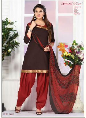 CoffeeBrown and Red1012 Glace Cotton Daily Wear Patiyala Suit at Zikimo