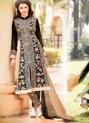 Black Georgette Full Embroidered Frontcut Leggi Pants Suits at Zikimo