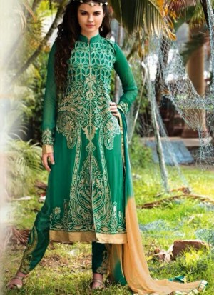 Green Georgette Full Embroidered Frontcut Leggi Pants Suits at Zikimo