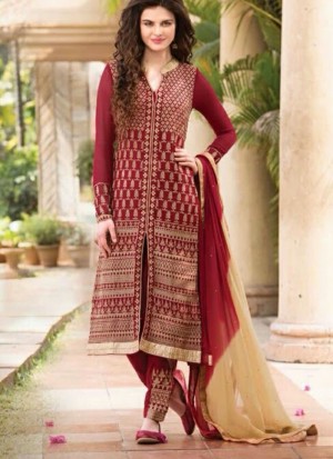 Maroon Georgette Full Embroidered Frontcut Leggi Pants Suits at Zikimo