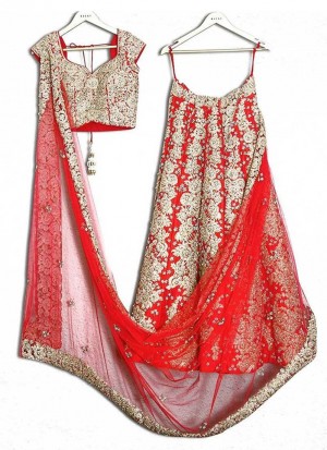 Georgette Red Embroidered Indian Bridal Lehenga Choli at Zikimo