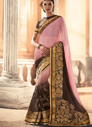 PinkBrown384 Georgette Net Party Wear Indian Wedding Saree at Zikimo