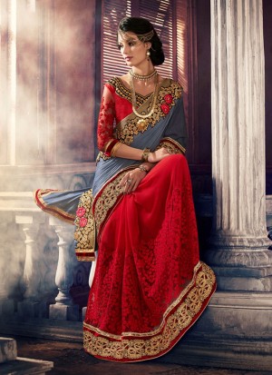 RedGrey387 Georgette Party Wear Indian Wedding Saree at Zikimo