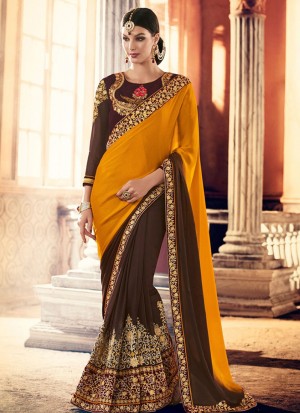 YellowBrown391 Crape Georgette Party Wear Indian Wedding Saree at Zikimo