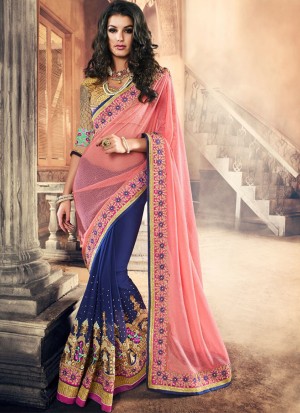 PinkBlue394 Lycra Georgette Party Wear Indian Wedding Saree at Zikimo