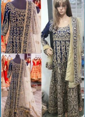 Blue Banglori Silk Full Embroidered Wedding Wear Indian Suit at Zikimo