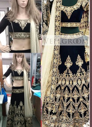 Black Velvet Full Embroidered Indian Wedding Wear Lehenga Choli at Zikimo