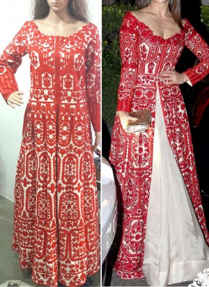 Red White Banglori Silk Full Embroidered Floor Length Indian Suit at Zikimo