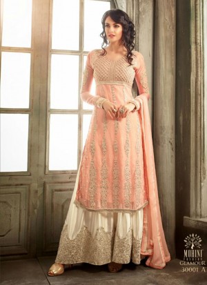 Peach3001A Chiffon Embroidered Wedding Party Plazo Suit at Zikimo