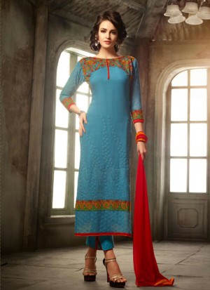 Blue Red3003 Georgette Embroidered Wedding Party Suit at Zikimo