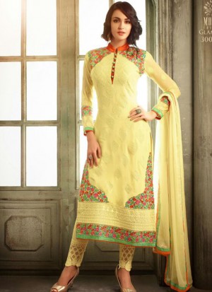 Yellow3006A Georgette Embroidered Wedding Party Suit at Zikimo