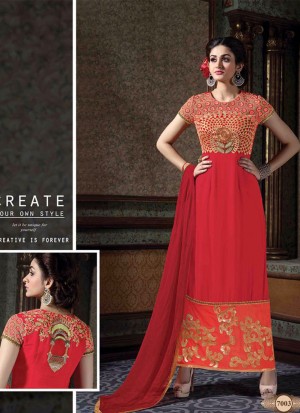 Red Orange7003 mbroidery Georgette WeddingParty Frontcut Pants Suit at Zikimo