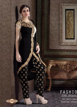 Black7007 Embroidery Georgette WeddingParty Frontcut Pants Suit at Zikimo