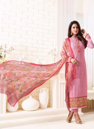 Pink1501 Georgette Embroidered Party Wear Suit With Floral Dupatta At Zikimo
