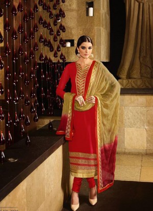 Red Biege7200 Georgette Indian Party Wear Suit at Zikimo