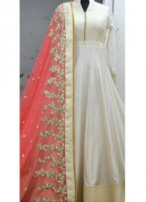 RawSilk Cream Pink Embroidered Indian Floor length Anarkali Suit at Zikimo
