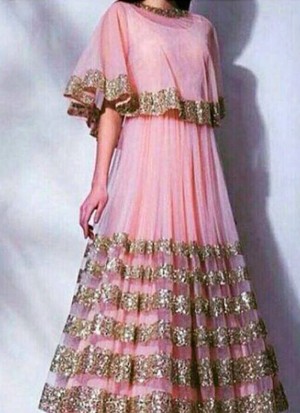 Light Pink Georgette Cape Style Anarkali Suit at Zikimo