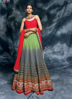 Grey Green Red9043 Floor length WeddingParty Net Anarkali Suit At Zikimo