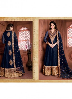 NavyBlue15003 Banglosri Silk Indian WeddingWear Embroidery Anarkali Suit At Zikimo